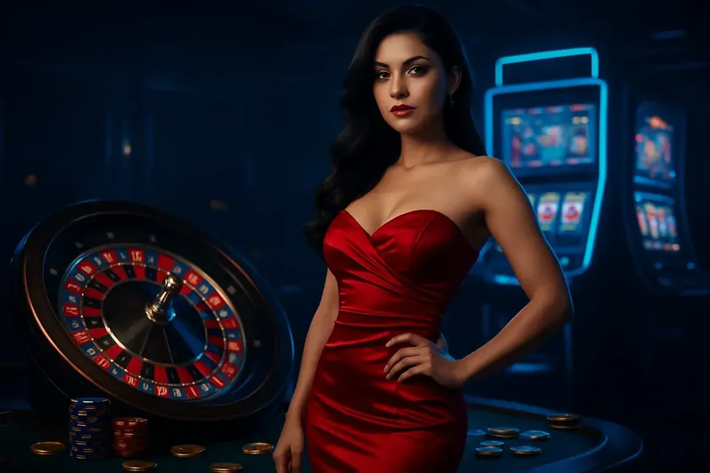 Elegant woman in red dress standing by roulette and slot machines with neon lights and gold coins in luxury casino