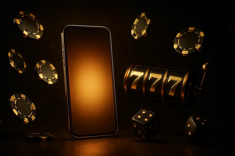 Panoramic banner with glowing smartphone, casino chips, slot reels, and dice on dark luxurious background